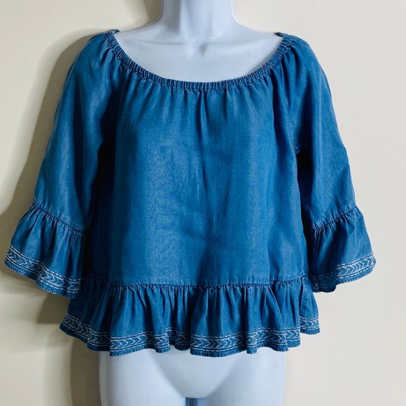 Walter Baker Off the Shoulder Ruffle Denim Smock Top - Picture 1 of 4